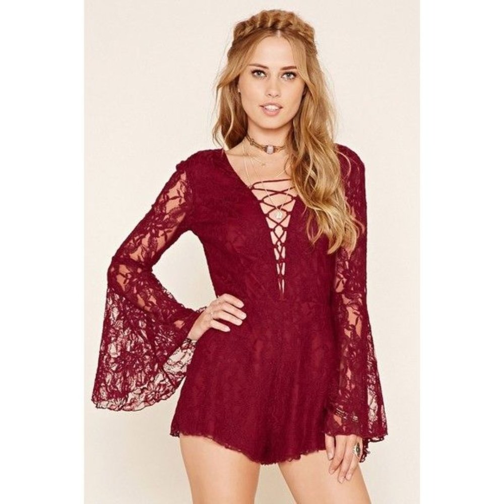 Forever 21 Floral Lace Romper Long Bell Sleeves